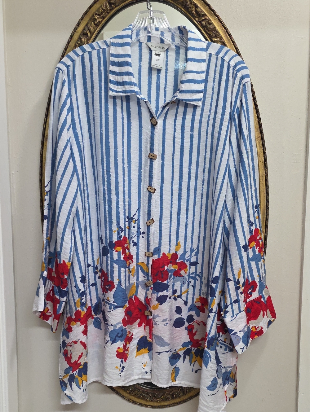 Multiples Blue White Striped Button-Down Shirt Red Floral Trim Size 1X Loose Fit